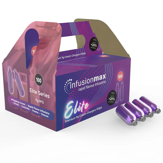 InfusionMax Elite cream chargers packaging with premium 9g nitrous oxide chargers for commercial kitchens and cafés.