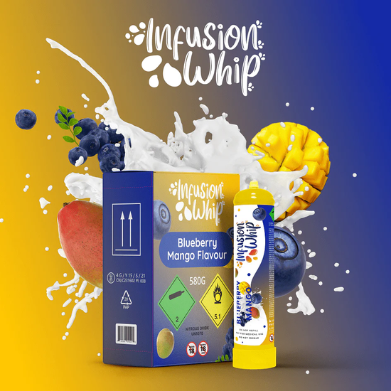 InfusionWhip 580g Blueberry Mango flavoured N2O canister for whipped cream, cocktail infusions, desserts, and food-grade culinary applications.