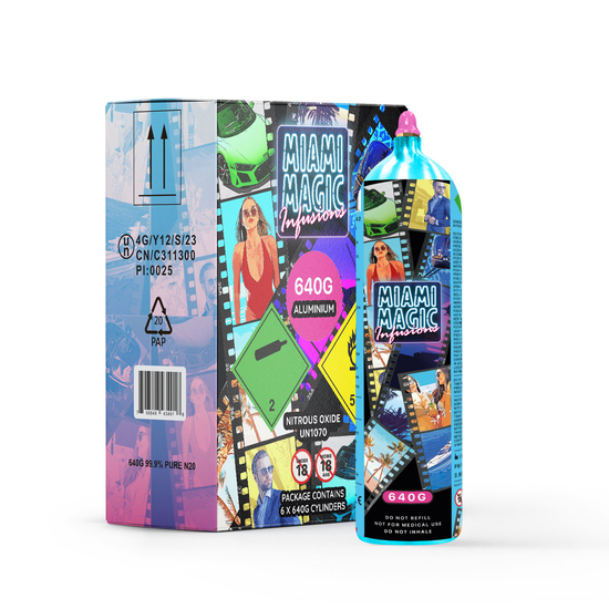 Miami Magic 640g aluminium N2O canister with packaging