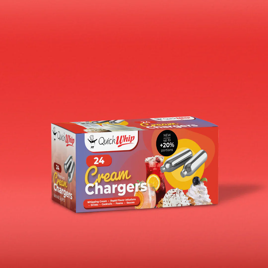 QuickWhip PRO cream chargers 10 pack featuring 20 percent more portions for whipped cream, foams, and specialty beverages