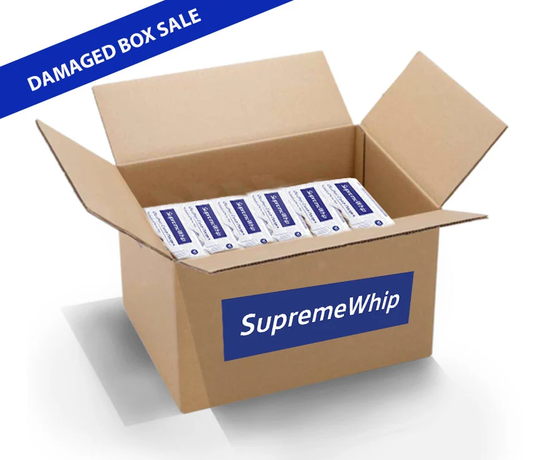 SupremeWhip 8.2g cream chargers in a bulk carton with damaged outer packaging