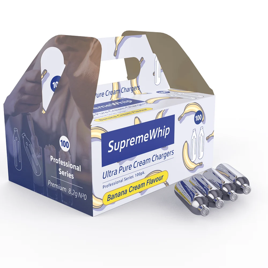 SupremeWhip banana cream flavour chargers in a 100-pack box with individual cream charger cartridges.