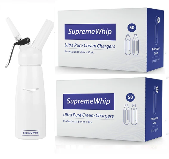 SupremeWhip Cream Dispenser 0.5L White with 50-pack cream chargers for professional kitchens