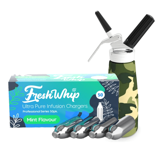 Starter Packs - FreshWhip Cream Chargers + 0.5L Green Camo Print Dispenser